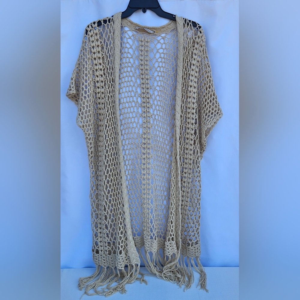 Soft Surrounding Boho Crochet Duster Cardigan Dolman Cap Sleeve Open Knit Fringe